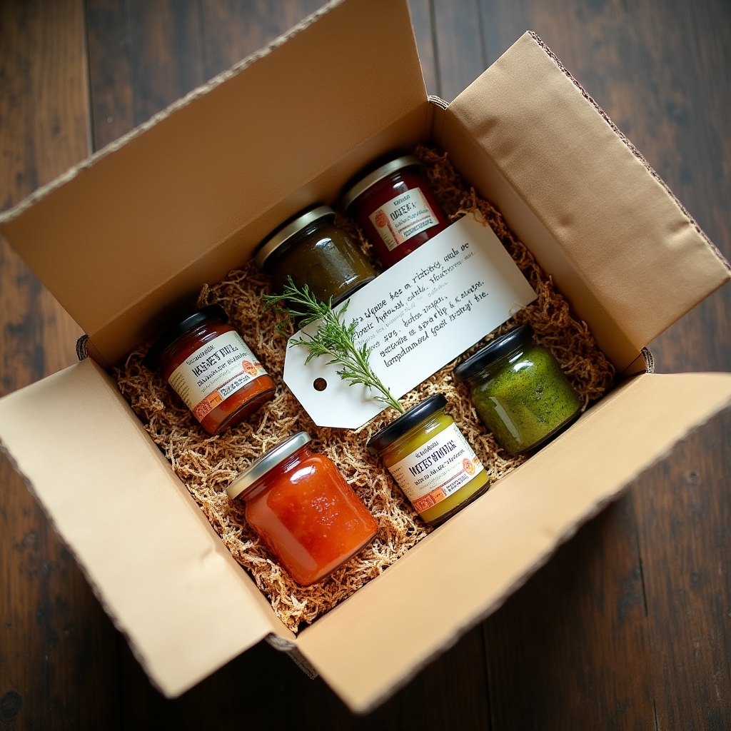 Caja de suscripción abierta con varios tarros de conservas vegetales artesanales embalados