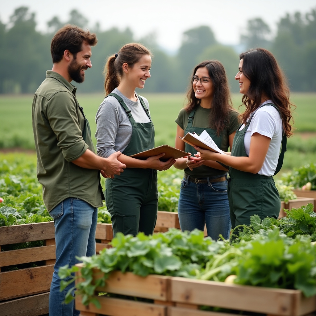 Jóvenes agricultores revisando juntos una hoja de registro de producción en el campo