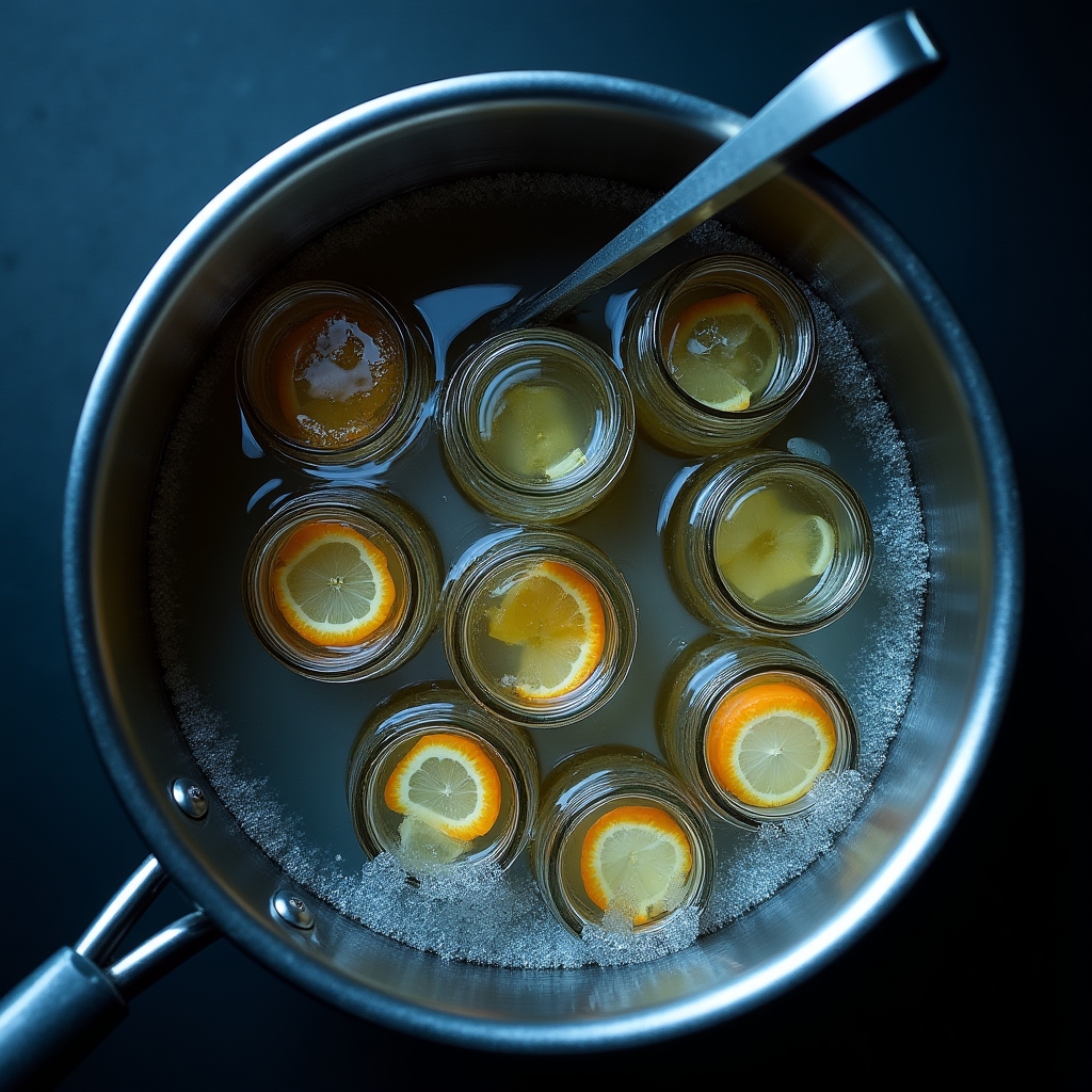Tarros de conserva vegetal sumergidos en agua durante el proceso de esterilización por baño maría