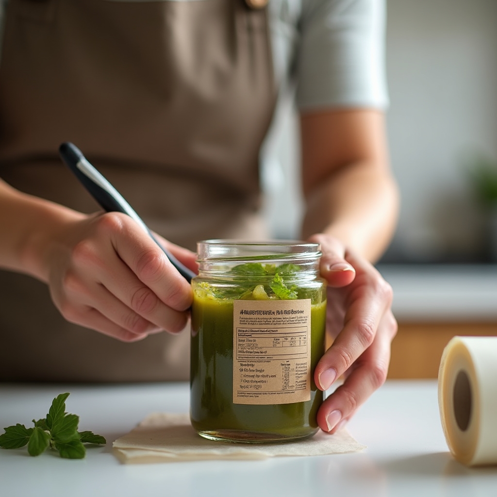 Detalle de una etiqueta con información nutricional siendo colocada sobre un tarro de conserva vegetal