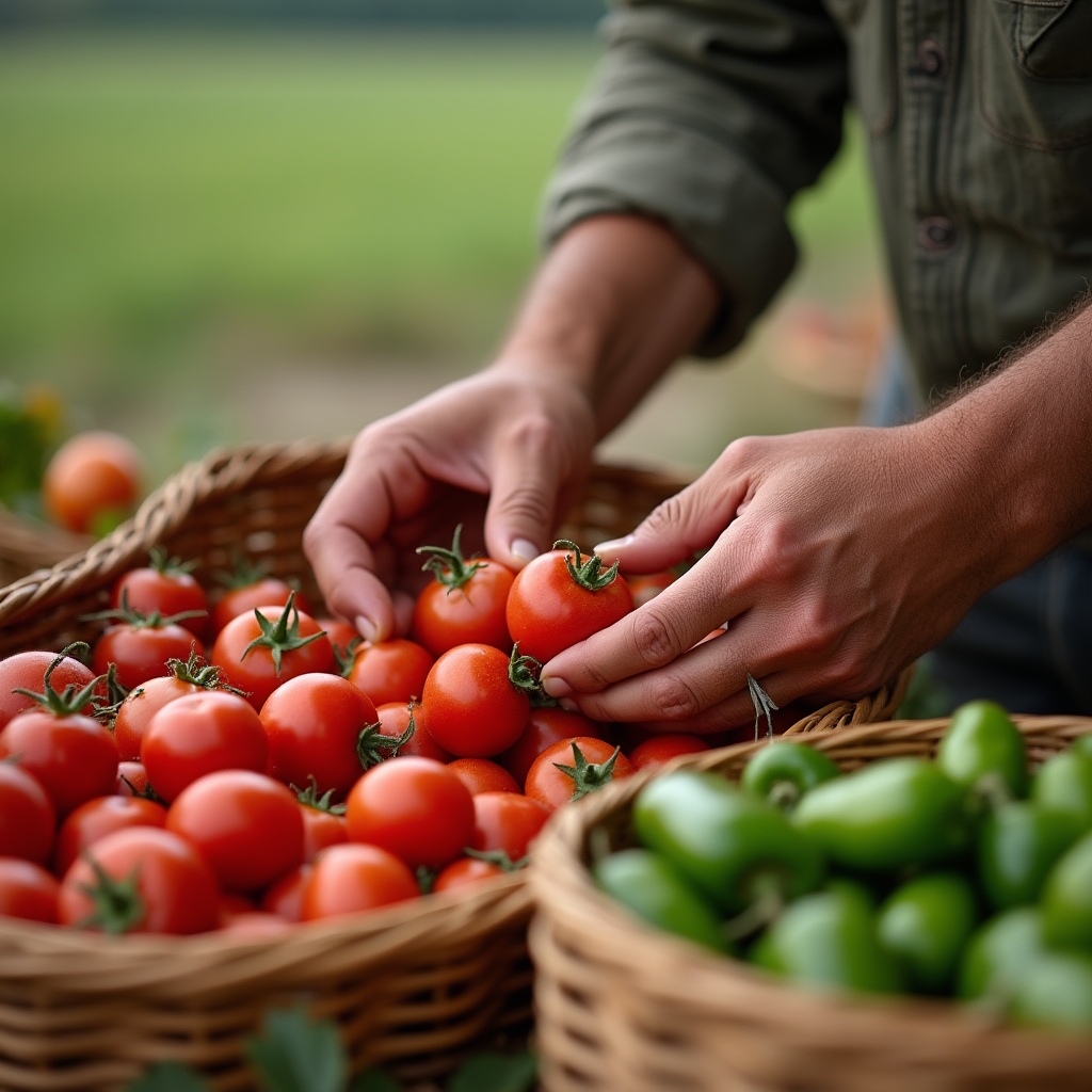 Agricultor seleccionando tomates y pimientos maduros para su uso en conservas artesanales