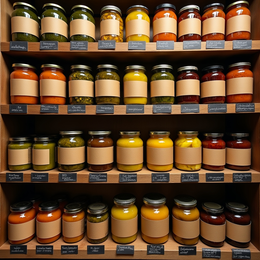 Estantería de tienda gourmet con tarros de conservas vegetales artesanales ordenados por variedad